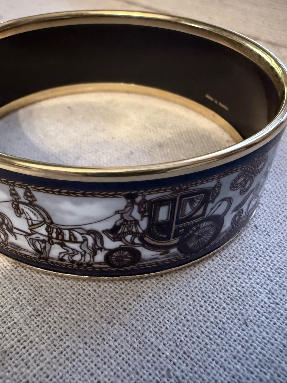 Hermes White and Black with Blue Enamel Bangle with Gold Trim - Picture 3 of 5
